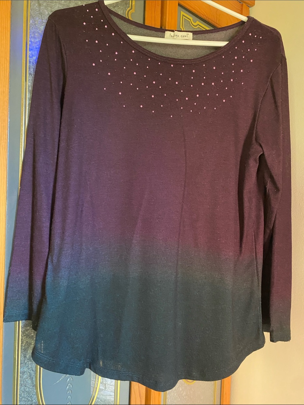 indigo soul Purple to Gray Ombre Long-Sleeve Top with Neck Embellishments